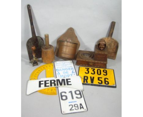Various bygones, collectables, vintage tools, large herb chopper, 40cm wide, wall hanging salt pot, Danger De Mort 619-29A si