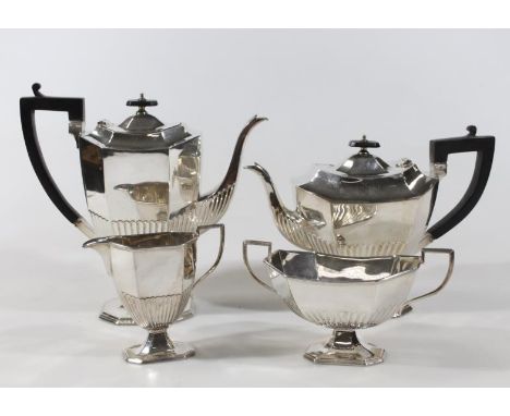 A mid-20thC Art Deco silver plated four piece tea and coffee service, comprising of a coffee pot 30cm high, teapot, milk jug 