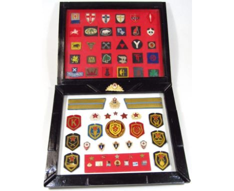 Various mid to late 20thC Russian style military badges, iron on shoulder badges, etc, to include K red back, 9cm high, MBA C