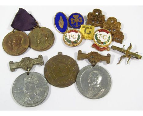 Five various medals, a 1887 Queen Victoria Jubilee large brass medallion, God Bless Our Queen, a 1908 London CC Punctual Atte