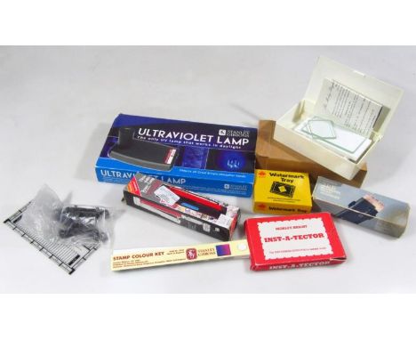 Various stamp tester items, ultra violet lamp by Stanley Gibbons, water mark tray, etc. (a quantity, mainly boxed)