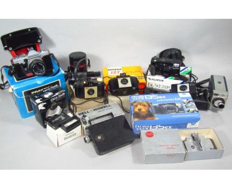 Various cameras, equipment etc., a Riva 135 Camera, Cine Camera, Sun Lens 75 and 140, 15cm wide (boxed) other cameras, equipm