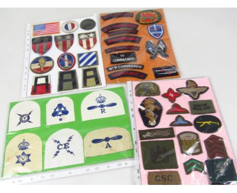 Various iron on badges, American, etc, to include shield shaped 9cm high, Stars and Stripes, Army ROTC, shoulder patch badges
