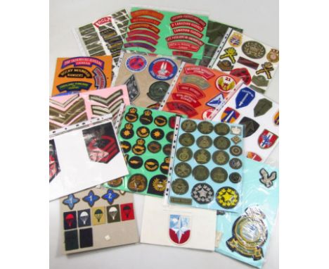Various Army and war related iron on badges, etc, to include shoulder badges, epaulette, Crown, 11cm high, iron on tank badge
