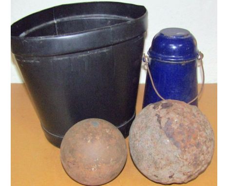 Military bygones and collectables, comprising a plastic cannon ball bucket, two metal cannon balls, of varying ages, and an e