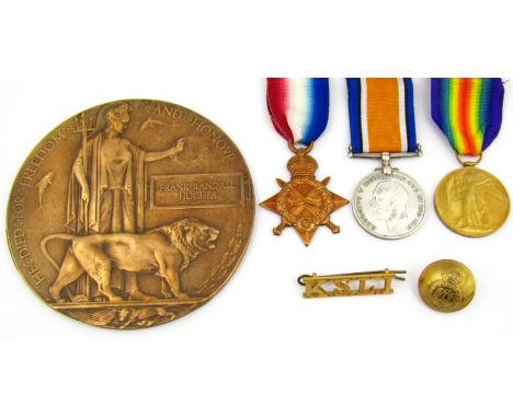 A WWI medal trio and Death Plaque, marked Frank Randall Hughes, 12cm diameter, with 1914-15 Star, Campaign and Victory medals