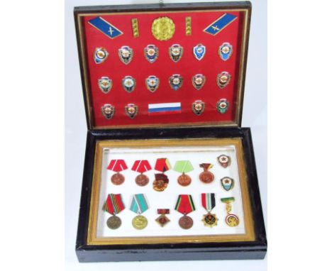 Various Egyptian and Russian Eastern Bloc medals, awards, etc, to include Cobetckohapmmh, etc, with ribbons, etc, and a case 