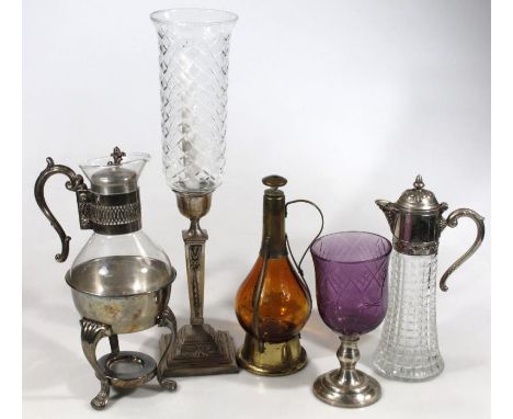 Various glassware, etc, comprising an amber coloured glass vessel with brass mounts, 31cm high, cut glass spirit jug, spirit 