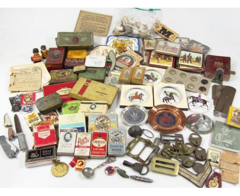 Bygones, collectables, army related and others, brass button polisher, 17cm wide, playing cards, bygone tins, clay pipes, oth