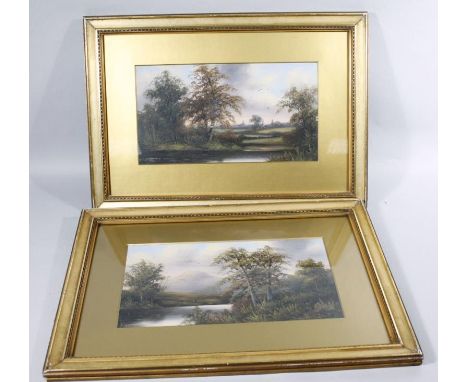 R Hills (19thC).  Calm stream before trees and trees before mountains with clouds gathering, oil, 23cm x 39cm, (a pair), 