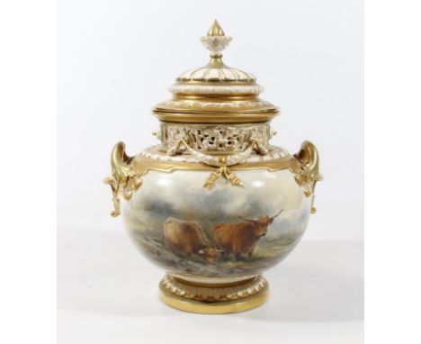 A Royal Worcester two handled vase and cover, of squat ovoid form, painted with highland cattle in a landscape by John Stinto