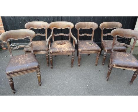 A set of six (5+1) 19thC mahogany dining room chairs, each with heavy comb top rails, horizontal carved scroll splats and ove