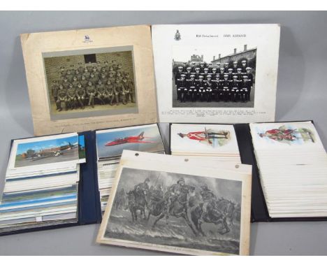 Various early 20thC and later postcards, photos, aeronautical, army and other related, to include Red Arrows aeroplane photog