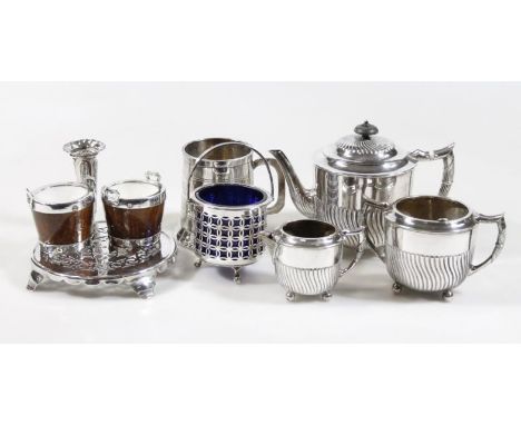 Various silver plate, etc., three piece bachelor's tea service to include teapot 12cm high, etc., teapot stand, oak pail, sal