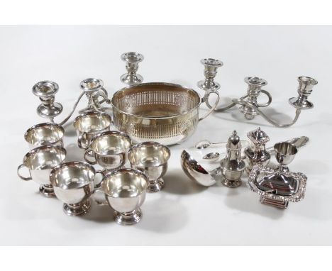 Various silver plate, to include two handled pierced vessel, seven punch cups, ladle 33cm wide, elaborate mustard pot, sugar 