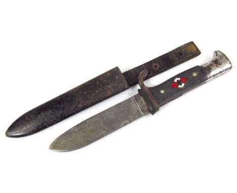 A Hitler Youth knife, with metal scabbard, leather attachment and chrome plated end, with red and white diamond emblem to the