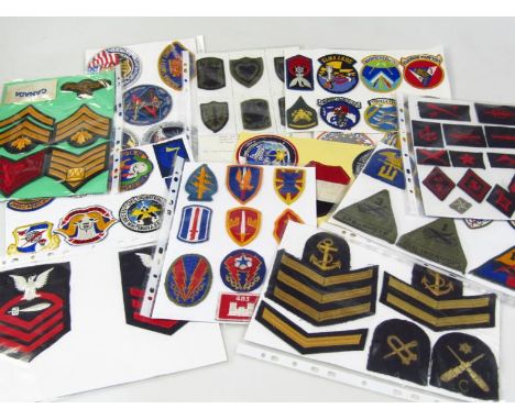 Various Army related and other iron on badges, Naval badges, etc, to include three stripe epaulette, 16cm high, Rhode Island 