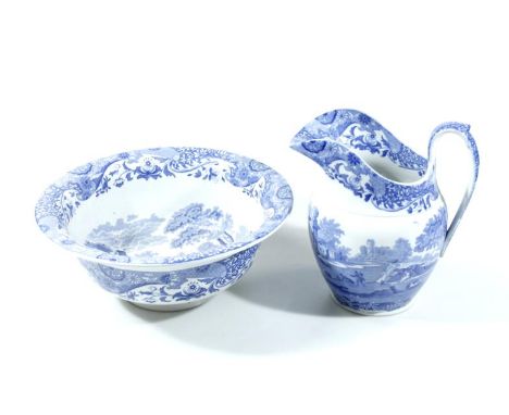 A Copeland Spode Italian pattern blue and white jug, 27cm high, and bowl set, printed marks beneath. (2)