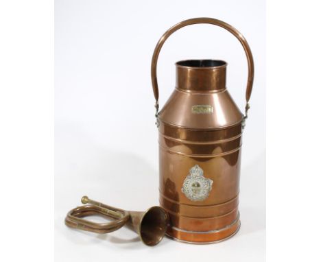 A 20thC copper two gallon churn container, with swing handle and shouldered body, raised with a black plaque The Kings Liverp