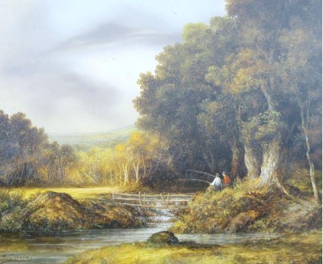 R Cavallo (20thC).  Figures fishing aside trees and bridge, with calm stream and storm gathering, oil, signed, 27cm x 30cm.