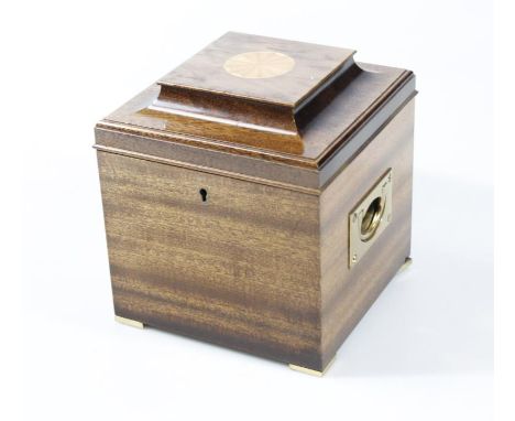 A Sheraton revival mahogany style and inlaid domed top single tea caddy, of square outline, the hinged lid revealing circular