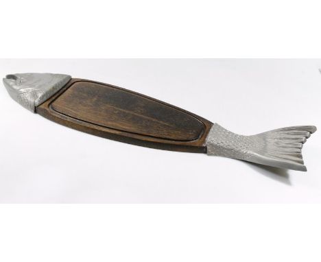 An unusual 20thC oak and metal fish shaped platter, with realistic pike head, scales, and tail, 90cm wide.