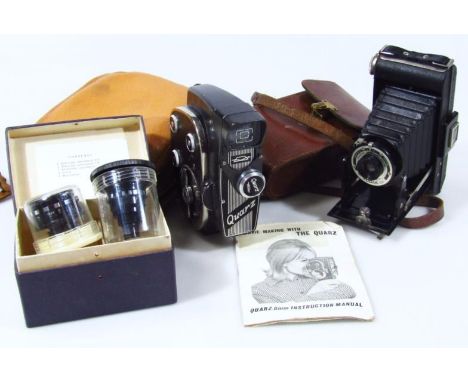 Various cameras and equipment, to include Kuarz cine camera, 17cm high, in fitted case, cased folding camera, etc. (a quantit
