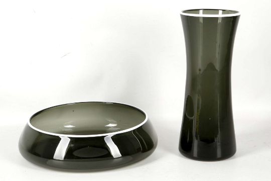 A Whitefriars Smoked Glass Vase And Shallow Bowl Mid 20th Century