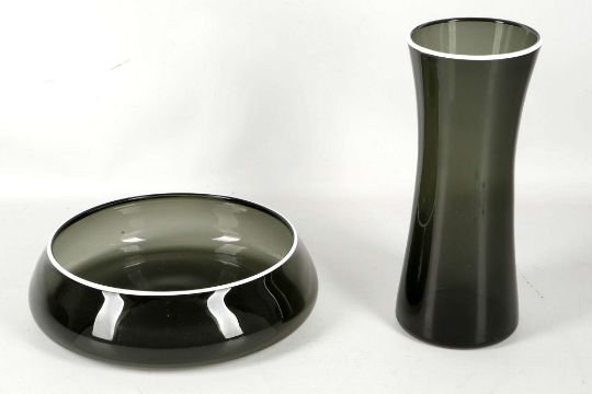 A Whitefriars Smoked Glass Vase And Shallow Bowl Mid 20th Century