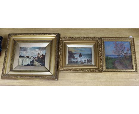 Rolte, oil on panel, Blossoming trees beside a lake, 20 x 19cm, and two other oils