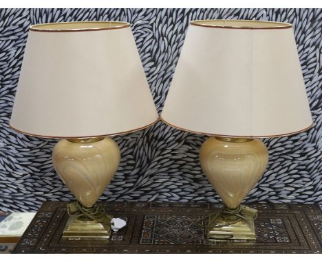 A pair of marbled ceramic and brass designer table lamps,,61 cms including shades.