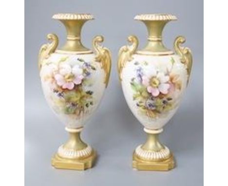 A pair of Royal Worcester flower painted vases, signed Cole 17cm