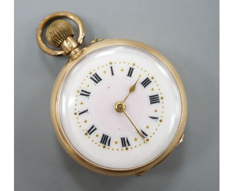A continental 14k yellow metal, rose cut diamond and enamel set open faced keyless fob watch, decorated with a pansy, case di