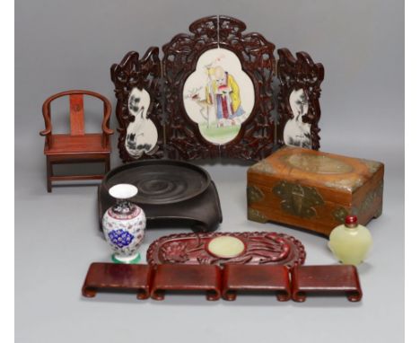 A group of Chinese wood stands, box, model chair, snuff bottle etc