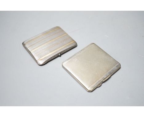 A 1920's silver and two colour yellow metal cigarette case, 92mm, gross 88 grams and a plated cigarette case.