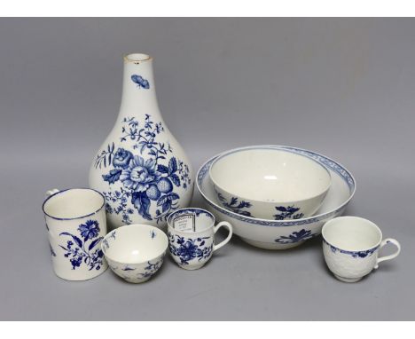 A Chaffers Liverpool rare bowl, a Worcester bowl, a mug with the Gilliflower pattern, three further Worcester teawares, Chrys