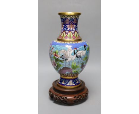 A Chinese cloisonné enamel vase, wood stand 32cm total height