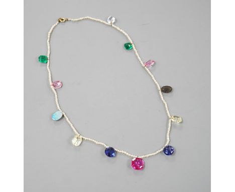 A multi coloured paste and opal doublet set baroque seed pearl necklace, 42cm.