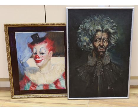 Ken Moroney (1949-2018), oil on board, portrait of a clown together with another 75x50cm