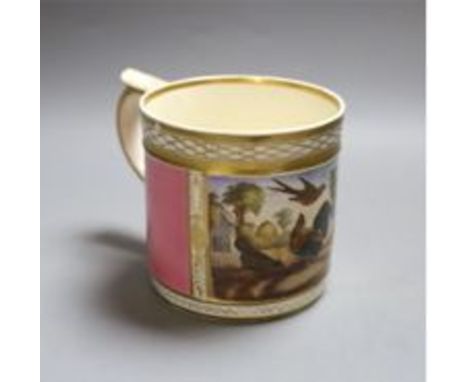 A Derby porter mug of large size painted with birds in a garden scene within a gilt panel on a pink ground c.1825, Red circle