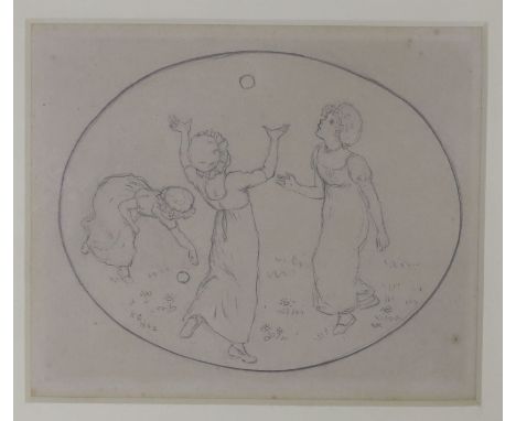 Kate Greenaway (1846-1901), pencil, Girls playing ball, Abbott &amp; Holder label verso, 9.5 x 11cm