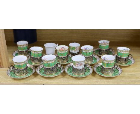A Hammersley &amp; Co porcelain coffee set with associated silver gilt cup holders
