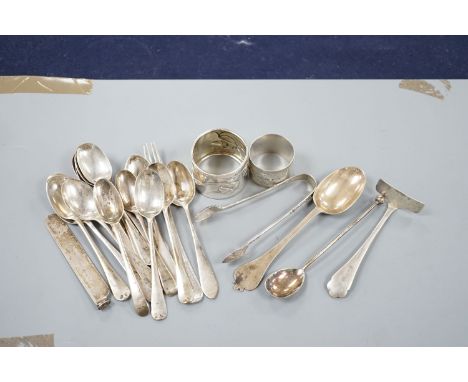 A silver napkin ring, a small quantity of assorted silver flatware and an 800 napkin ring, gross 12.5oz.