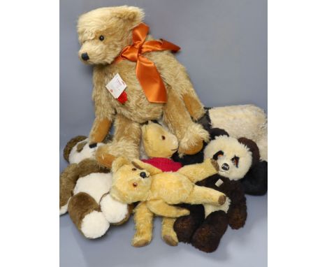 Two British teddy Bears, two Steiff Bears, one Panda Nightdress case and modern Herman limited edition
