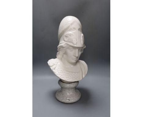 A white glazed ceramic portrait bust of Athena on faux marble plinth 49cm