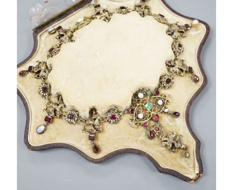 A 19th century Austro-Hungarian? gilt metal, gem, enamel and paste set drop fringe necklace, 36cm, in fitted box.