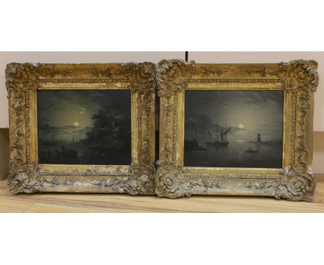 After Pether, oil on canvas, Estuary under moonlight, 19 x 24cm, and a similar oil on panel
