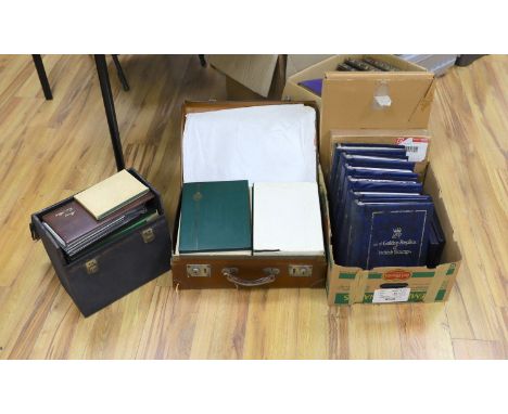 Stamp collection, including first day covers, albums etc, in a box, a suitcase and black container.