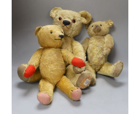 Three British Teddy Bears and Chad Valley with Queen Label,&nbsp; Omega with hair loss and Chad Valley Magna, with hair loss