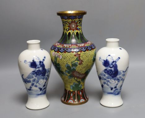 A pair of Chinese blue and white vases and a cloisonné enamel  vase 24cm